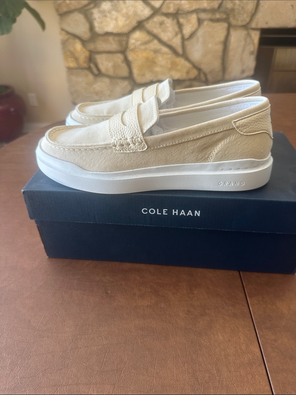 Cole Haan Canvas & leather  Penny Loafers in gorgeous butter yellow/cream NIB